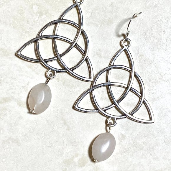 2/$20, Genuine Pink Rose Quartz Celtic Trinity Sterling Silver Earrings - Picture 1 of 9